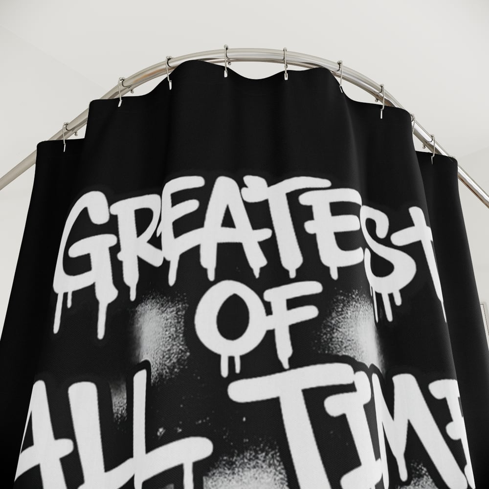 Image of GOAT 'Greatest of All Time' Black Shower Curtain — Bold Graffiti Bathroom Decor