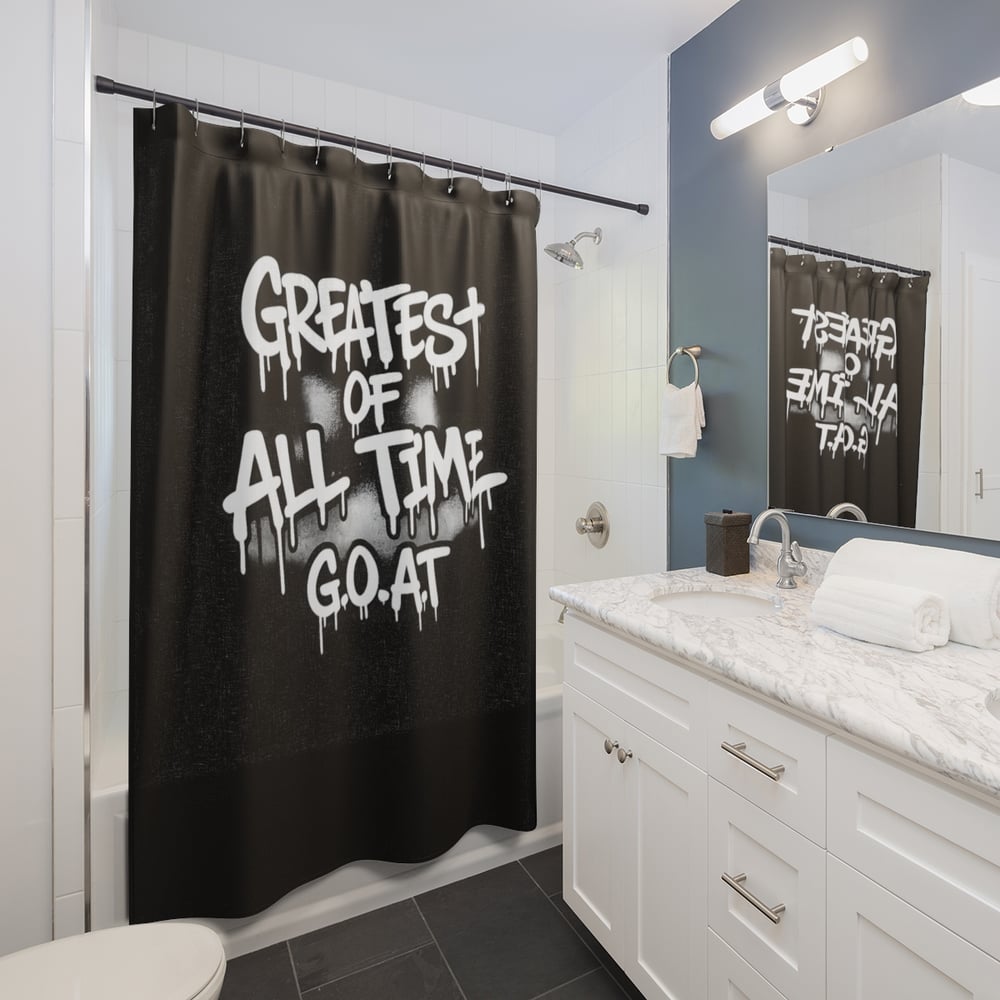 Image of GOAT 'Greatest of All Time' Black Shower Curtain — Bold Graffiti Bathroom Decor