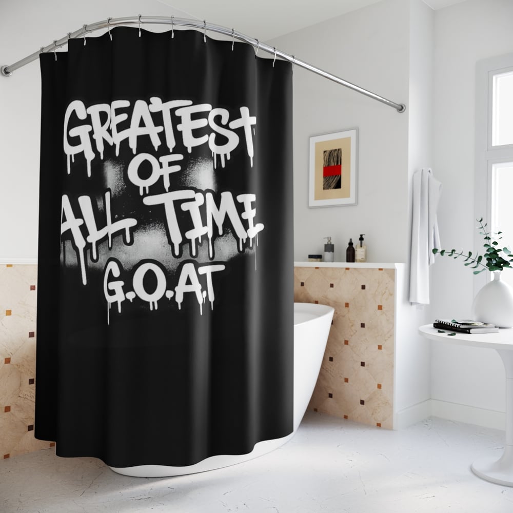 Image of GOAT 'Greatest of All Time' Black Shower Curtain — Bold Graffiti Bathroom Decor