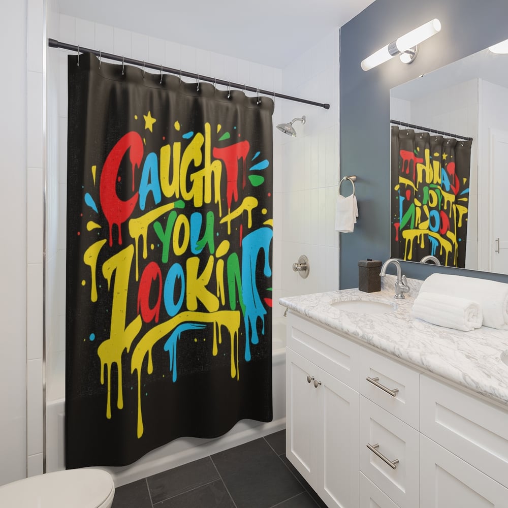Image of Graffiti 'Caught You Lookin' Shower Curtain — Colorful Urban Street Art Bath Decor