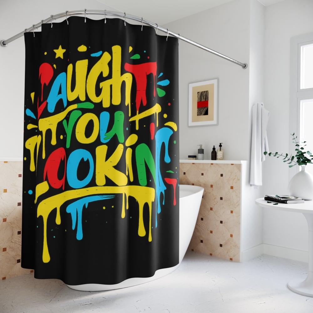 Image of Graffiti 'Caught You Lookin' Shower Curtain — Colorful Urban Street Art Bath Decor