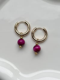 Image 1 of Magneta Pink Tiger Eye Huggies Gold/Stainless Steel