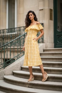 Image 1 of Sunshine Plaid Off-Shoulder Midi Dress