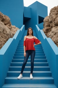 Image 1 of Red Cold-Shoulder Flowy Top