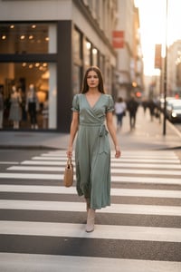 Image 1 of Sage Puff-Sleeve Wrap Midi Dress