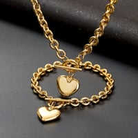 18K Gold Plated Cable Chain Heart Necklace and Bracelet 