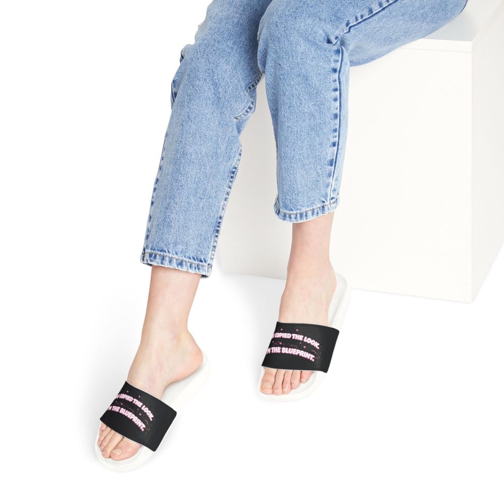 Image of Women's Slide Sandals — Black Strap with Pink Text 'You Copied the Look'
