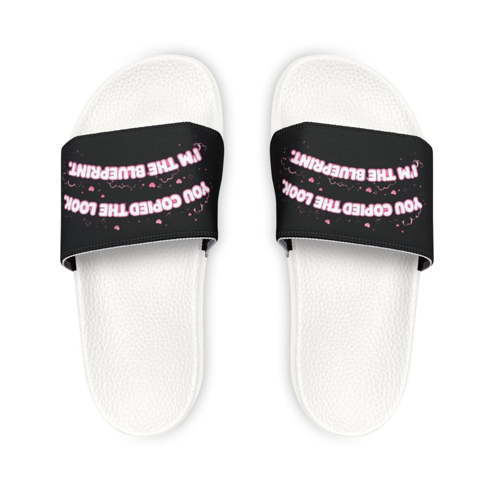 Image of Women's Slide Sandals — Black Strap with Pink Text 'You Copied the Look'
