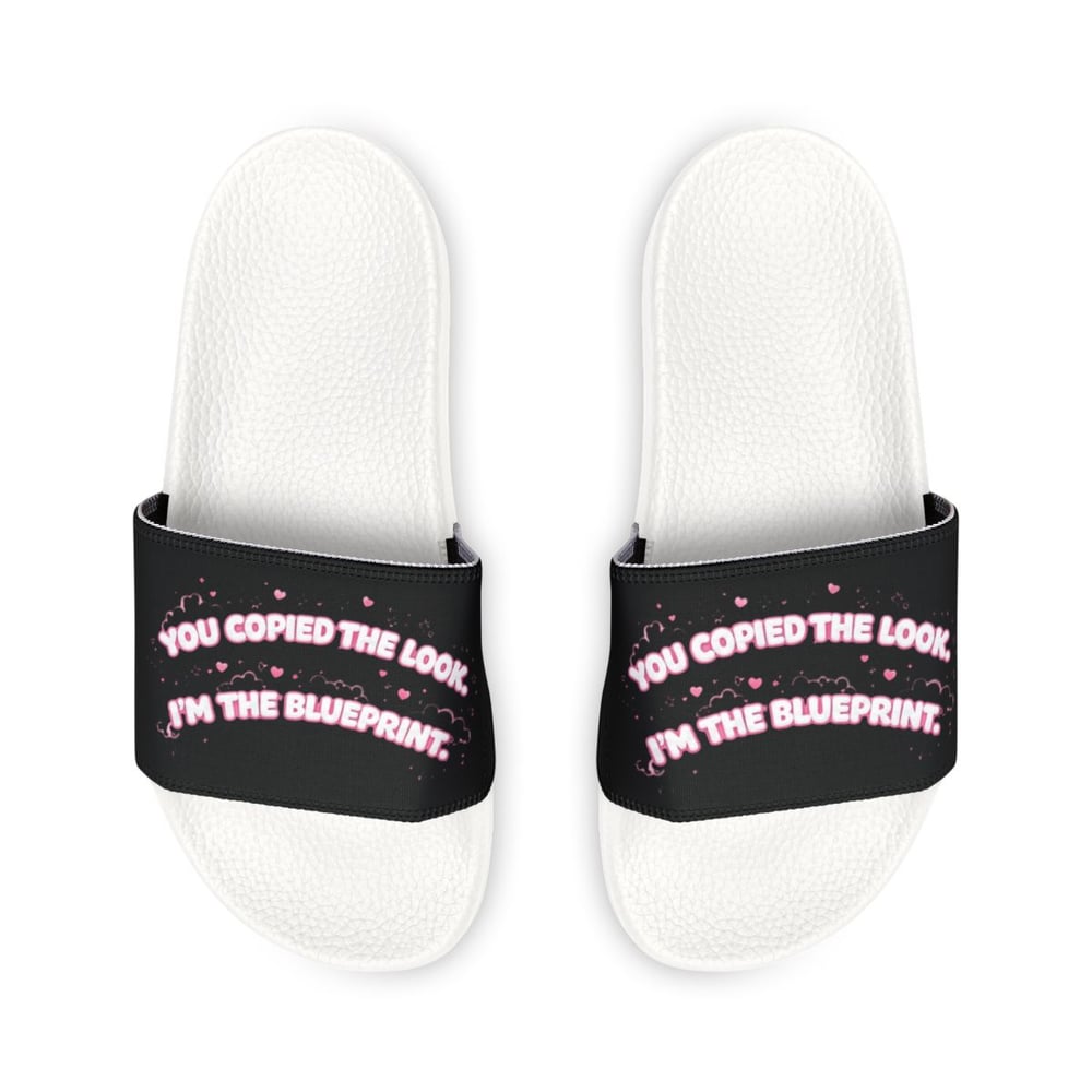 Image of Women's Slide Sandals — Black Strap with Pink Text 'You Copied the Look'