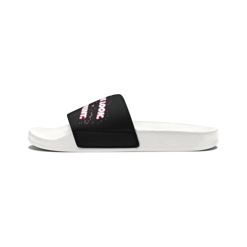 Image of Women's Slide Sandals — Black Strap with Pink Text 'You Copied the Look'