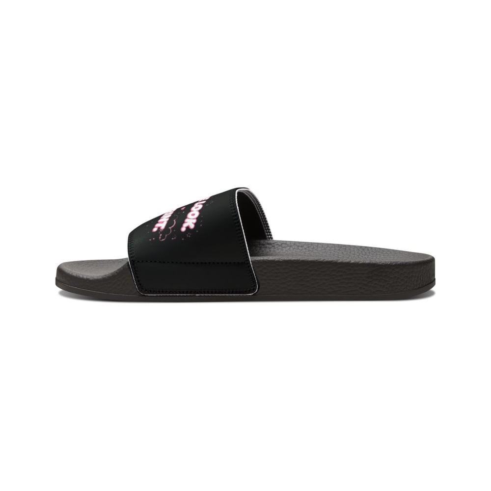 Image of Women's Slide Sandals — Black Strap with Pink Text 'You Copied the Look'