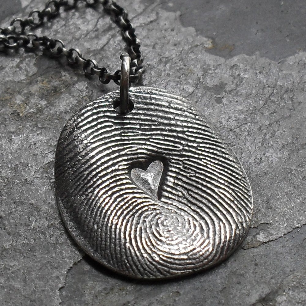 Image of Fingerprint Necklace with Heart Impression in Fine Silver (Style#103)