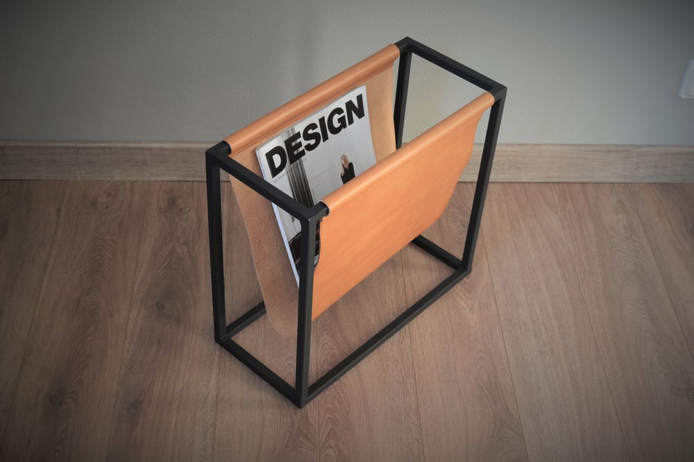 Image of Magazine & Newspaper Holder - Gold or black frame & Tan leather