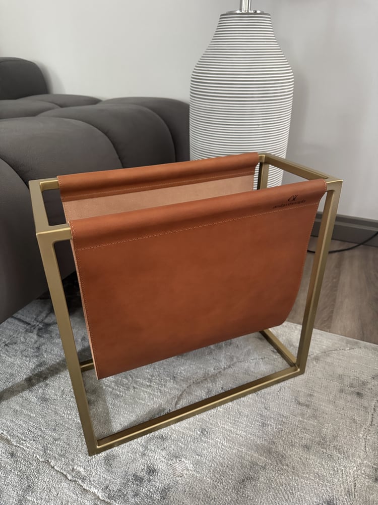 Image of Magazine & Newspaper Holder - Gold or black frame & Tan leather