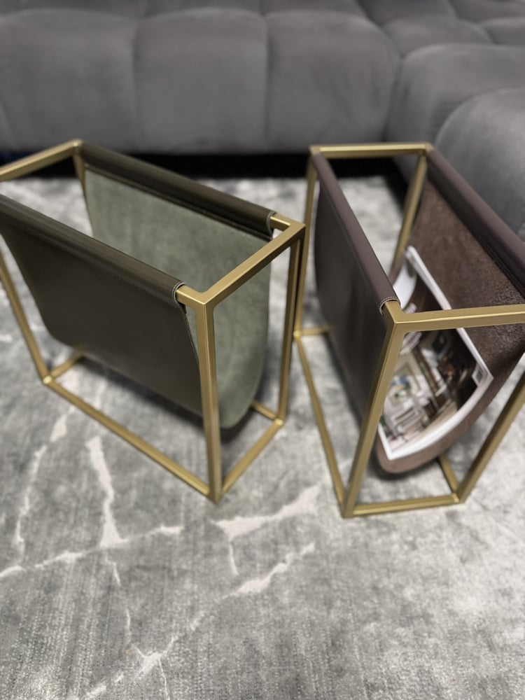 Image of Magazine & Newspaper Holder - Gold or black frame & Brown leather