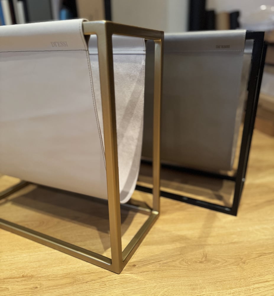 Image of Magazine & Newspaper Holder - Gold or black frame & Grey leather
