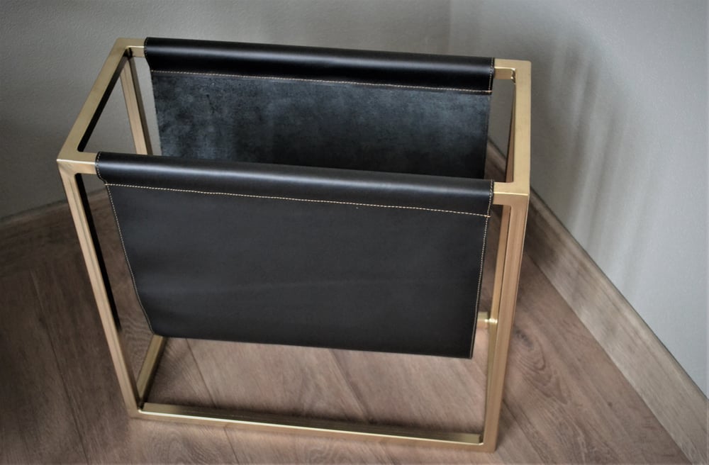 Image of Magazine & Newspaper Holder - Gold or black frame & Black leather