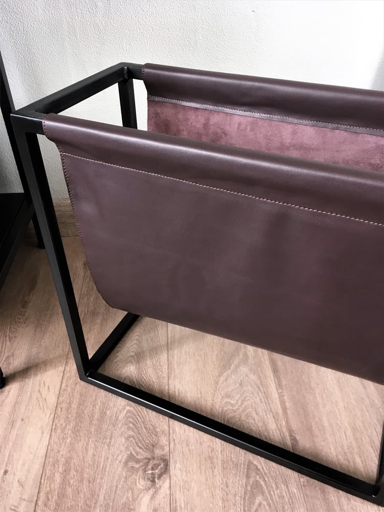 Image of Magazine & Newspaper Holder - Gold or black frame & Bordo leather