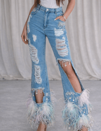 Image 1 of Pastel Rainbow Sequin Star Embellished Ostrich Feather Jeans