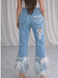 Image 2 of Pastel Rainbow Sequin Star Embellished Ostrich Feather Jeans