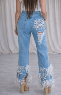 Image 2 of Ostrich Feather Sequin Embellished Jeans 