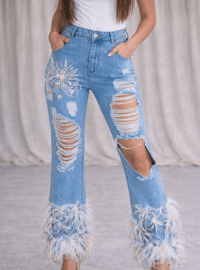 Image 1 of Ostrich Feather Sequin Embellished Jeans 