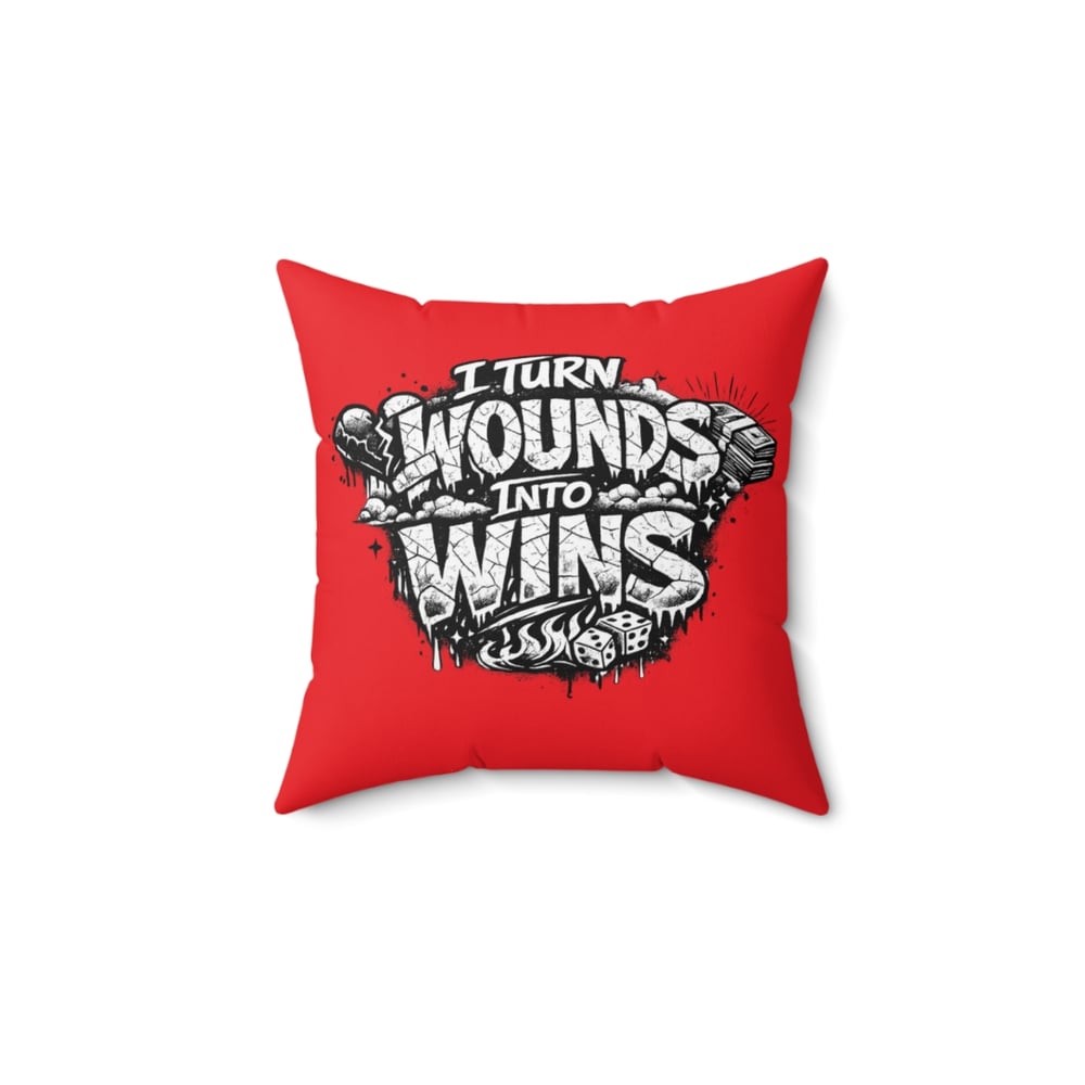 Image of Motivational Graphic Pillow — "I Turn Wounds Into Wins" Red Decorative Cushion
