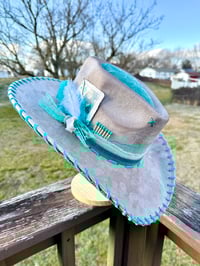 Image 1 of "Paisley Breeze" Taupe Burned Cowboy Hat, Whipstitched Suede Hat, Turquoise Leather Stitched Hat