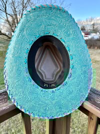 Image 3 of "Paisley Breeze" Taupe Burned Cowboy Hat, Whipstitched Suede Hat, Turquoise Leather Stitched Hat