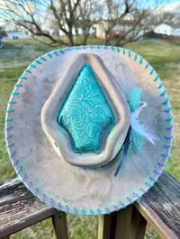 Image 2 of "Paisley Breeze" Taupe Burned Cowboy Hat, Whipstitched Suede Hat, Turquoise Leather Stitched Hat