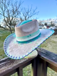 Image 4 of "Paisley Breeze" Taupe Burned Cowboy Hat, Whipstitched Suede Hat, Turquoise Leather Stitched Hat