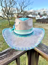 Image 5 of "Paisley Breeze" Taupe Burned Cowboy Hat, Whipstitched Suede Hat, Turquoise Leather Stitched Hat
