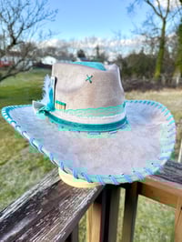Image 6 of "Paisley Breeze" Taupe Burned Cowboy Hat, Whipstitched Suede Hat, Turquoise Leather Stitched Hat
