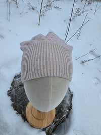 Image 3 of Upcycled Cotton Beanie in Beige & Pink Hearts- M-XXL