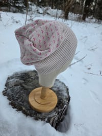 Image 1 of Upcycled Cotton Beanie in Beige & Pink Hearts- M-XXL