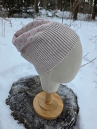 Image 2 of Upcycled Cotton Beanie in Beige & Pink Hearts- M-XXL