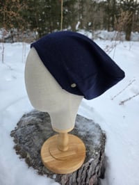 Image 2 of Upcycled Merino Wool Snap Beanie in Navy- M-XXL