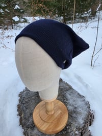 Image 3 of Upcycled Merino Wool Snap Beanie in Navy- M-XXL