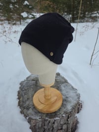Image 1 of Upcycled Cashmere Side Snap Beanie in Black- M-XXL 