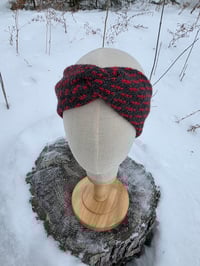 Image 1 of Upcycled Wool Ear Warmer Headband in Charcoal & Red - Youth through Adult Medium 