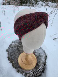 Image 3 of Upcycled Wool Ear Warmer Headband in Charcoal & Red - Youth through Adult Medium 