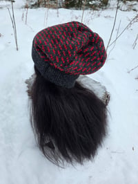 Image 2 of Upcycled Wool Charcoal & Red Beanie in Medium- XXL
