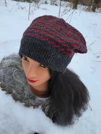 Image 1 of Upcycled Wool Charcoal & Red Beanie in Medium- XXL