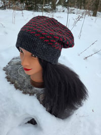 Image 3 of Upcycled Wool Charcoal & Red Beanie in Medium- XXL