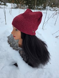 Image 1 of Upcycled Merino Wool Side Snap Beanie in Heathered Burgundy- M-XXL 