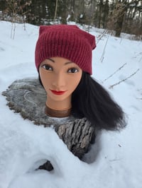 Image 2 of Upcycled Merino Wool Side Snap Beanie in Heathered Burgundy- M-XXL 