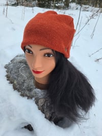 Image 1 of Upcycled Merino Wool Side Snap Beanie in Spiced Orange- M-XXL 