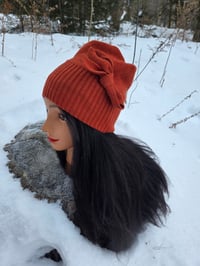 Image 3 of Upcycled Merino Wool Beanie with a Side Bow in Spiced Orange- Youth/Adult Small