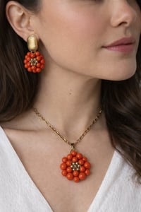 Image 1 of Orange Beaded Floral Jewelry Set – Handmade Necklace & Earrings with Gold Accents