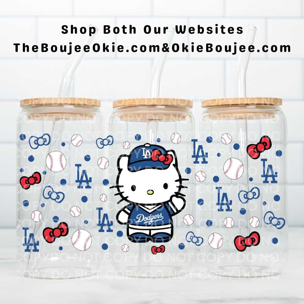 Image of LA Dodgers Hello Kitty UV DTF Double-Sided Wrap – 16oz Glass Can & Tumbler Design.  W0540